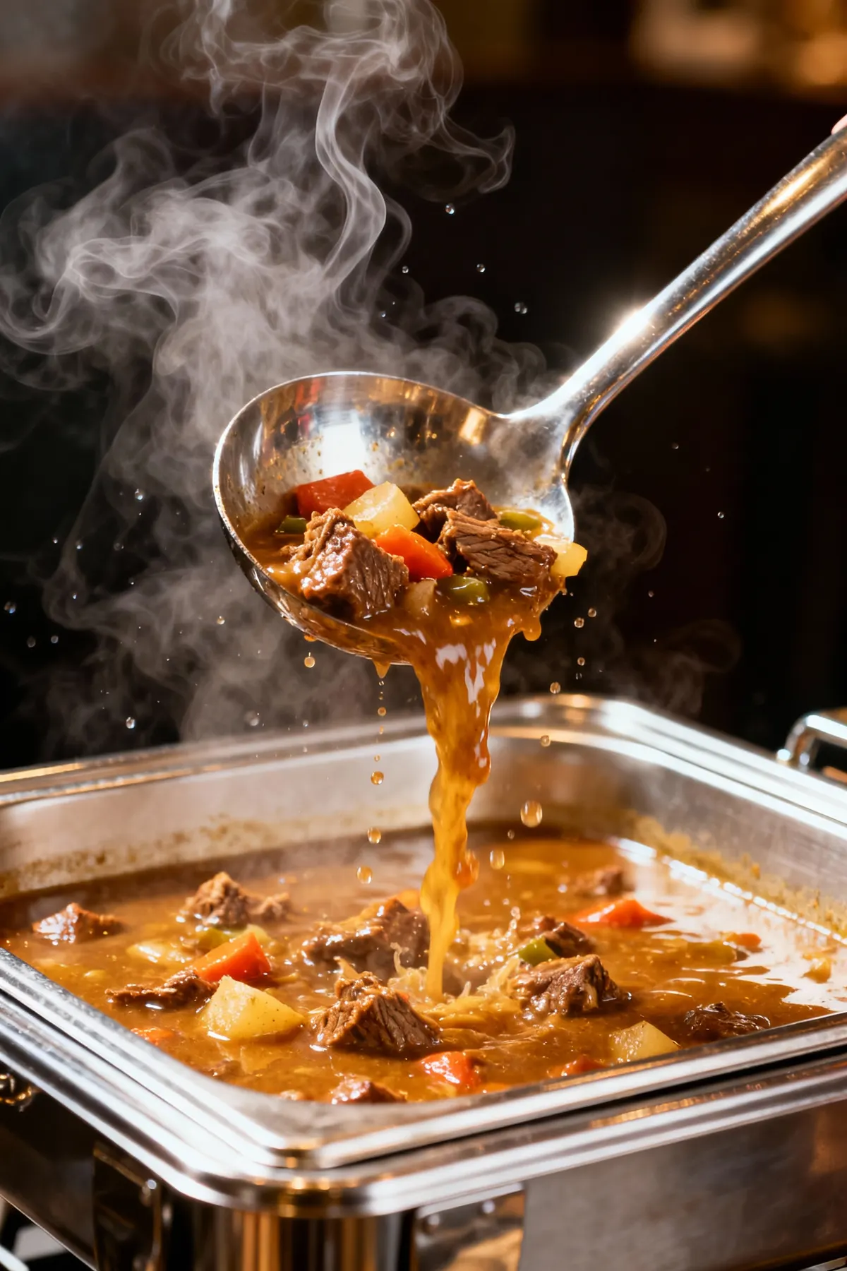 Beef stew ladled from a steaming chafing dish