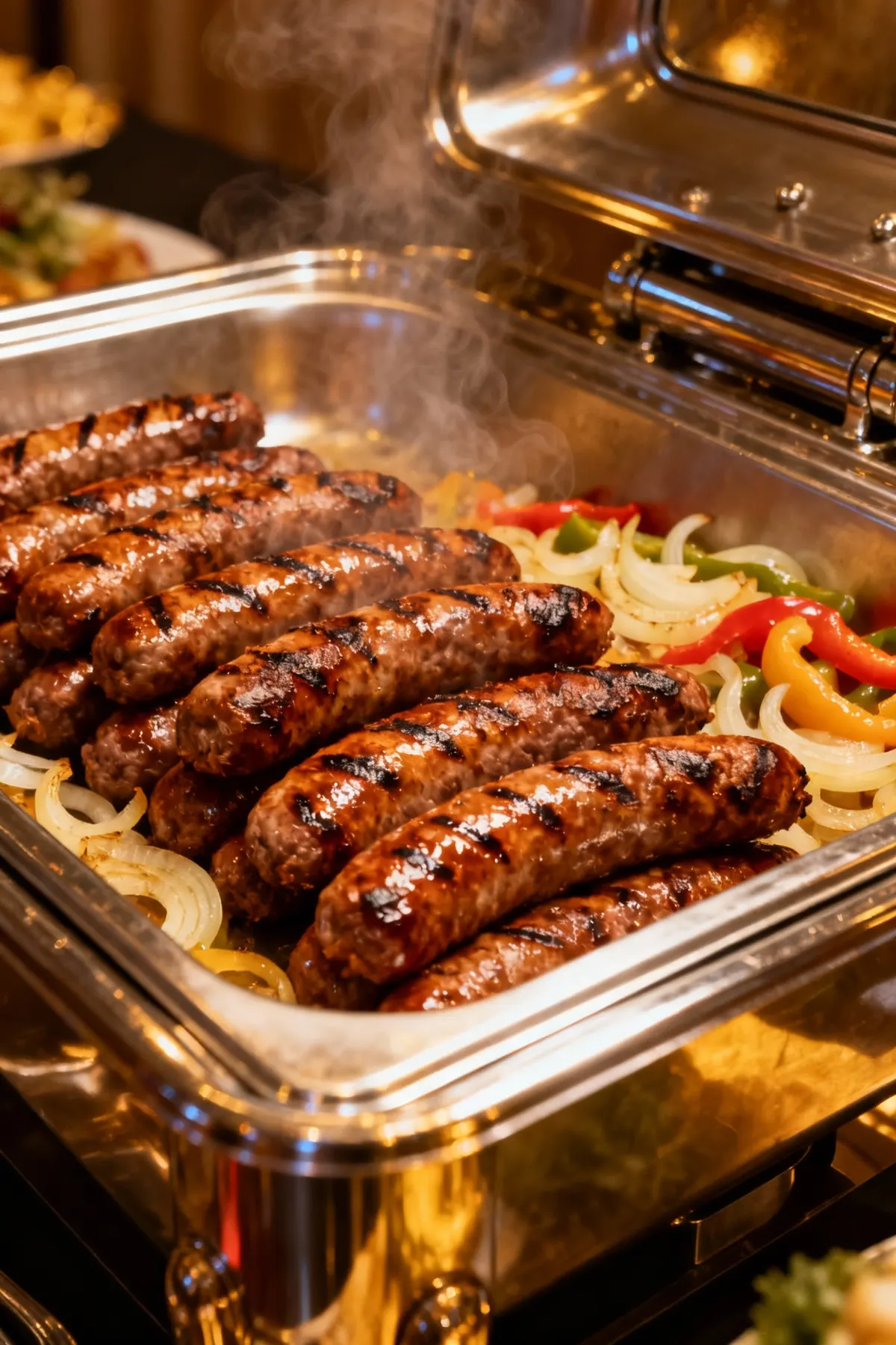 Grilled sausages with peppers and onions
